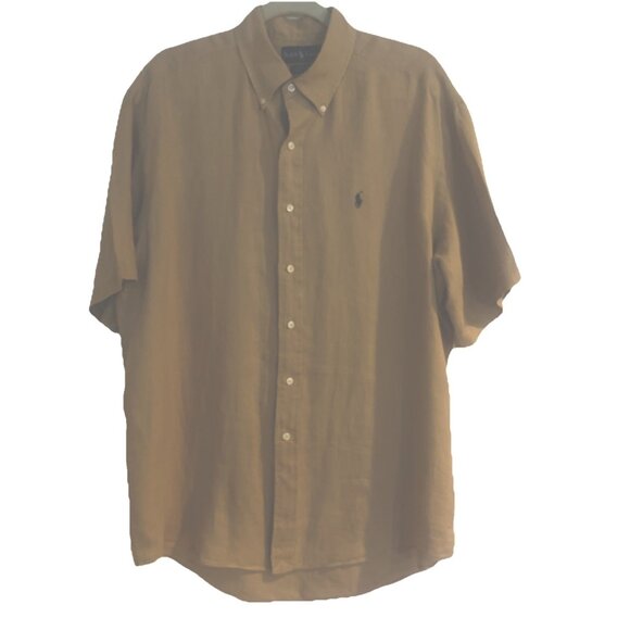 Ralph Lauren L Large Linen Blake Button Down Shirt Men Khaki Short Sleeve Logo - Picture 1 of 9